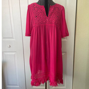 Neiman Marcus Pink Short Sleeve Medium Embroidered Tasseled Cover Up, Size XL 🗣